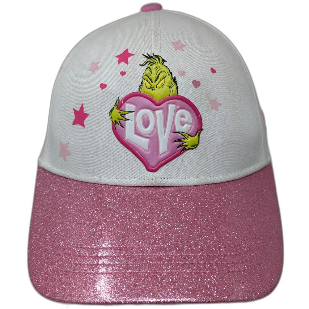 Carnival Baseball Cap White Pink One Size Grinch Love Heart Glitter Seuss Hat